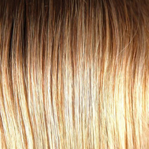 MELTED-SUNSET | Medium brown roots that melt into a peachy light brown blend layered on top of apricot blonde and intense gold blonde at nape