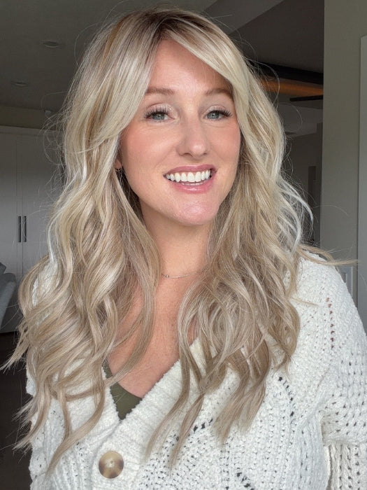 Carly wearing LIVERPOOL by BELLETRESS in MILKSHAKE BLONDE R | A mixture of Light Sandy Brown, Highlighted with Light Ash Blonde with a Hint of Light Platinum Blonde with a Medium Root Color