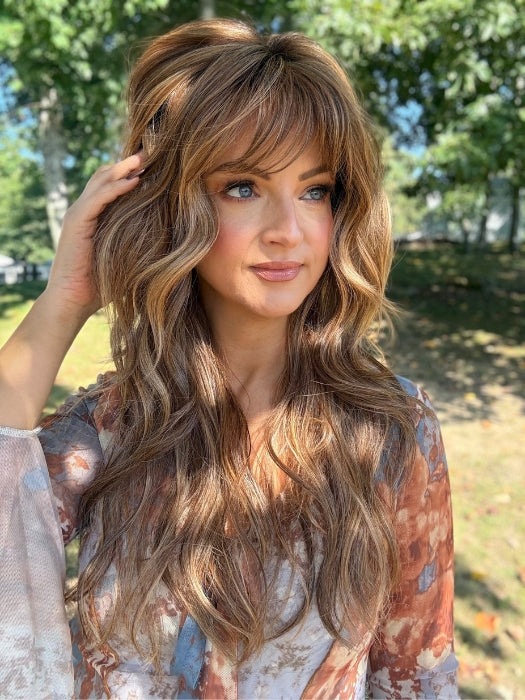 Sandy wearing GAIA by BELLETRESS in JAMOCA-ALMOND-FUDGE-R | Deep mocha brown blended with subtle golden almond undertones and fudge-like highlights to create a rich brunette hue
