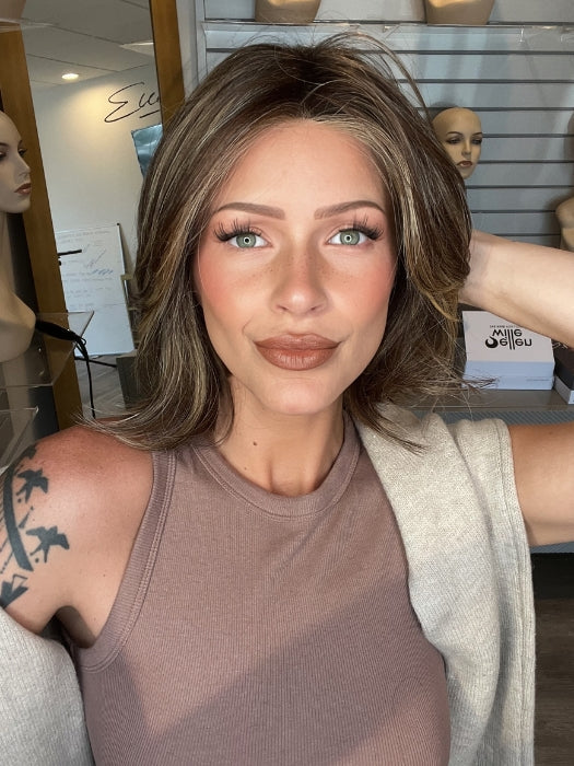 Madeline wearing FERRARI by BELLETRESS in CHOCOLATE BUTTERCREAM R | Medium and Dark Brown Rooted with a Blend of Medium Brown and Dark Blonde