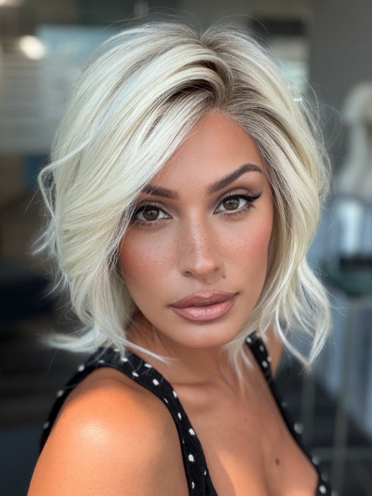 Roxie wearing NEWPORT by BELLETRESS in ALPINE CREAM R | Icy Blonde Shade with a Cool, Creamy Base Softened by Hints of Pale Beige