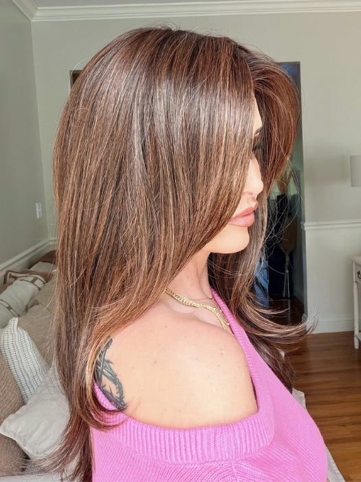 Crystal @crystallhoneycutt wearing SPEARS by BELLE TRESS in color FRENCH ROAST BROWN-R | A deep, luxurious brunette featuring a dark brown base with warm bronze and subtle red undertones. Softly rooted for natural depth and dimension.