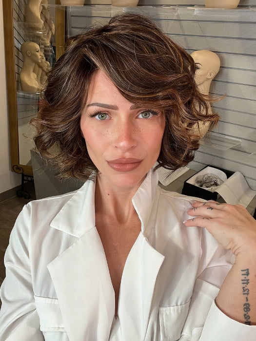 Madeline wearing HOUSTON by TRESSALLURE in FRENCH ROAST BROWN-R  | A deep, luxurious brunette featuring a dark brown base with warm bronze and subtle red undertones. Softly rooted for natural depth and dimension.