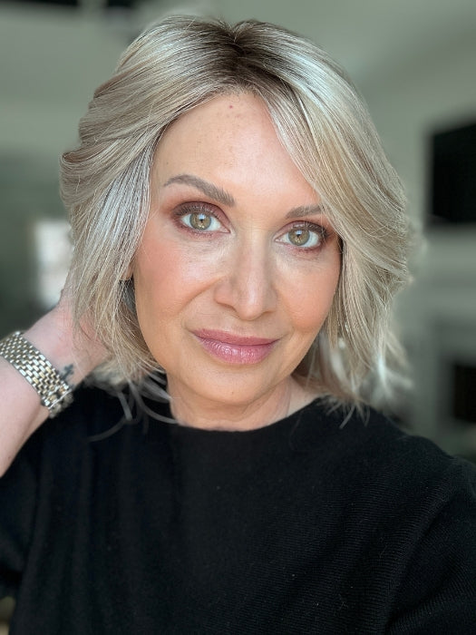 Emily H. wearing ESPRIT SMALL SOFT in PEARL BLONDE ROOTED | Pearl Platinum and Lightest Ash Blonde with Medium Ash Blonde Blend and Shaded Roots