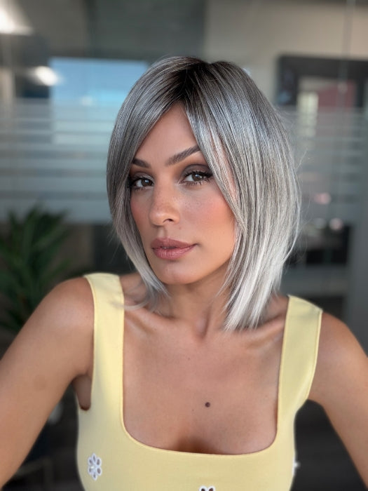 Roxie is wearing JUBILANT by GABOR in GL44-66SS SUGARED NICKEL | Deep charcoal base blends into multi-dimensional tones of medium grey with steely white highlights