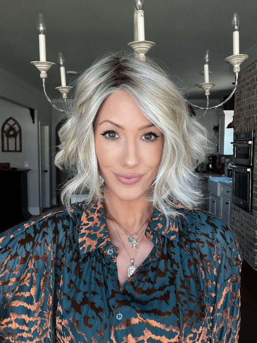 Jenna @jenna_fail wearing TREND ALERT by GABOR in color GF19-23SS BISCUIT | Light Ash Blonde Evenly Blended with Cool Platinum Blonde with Dark Roots
