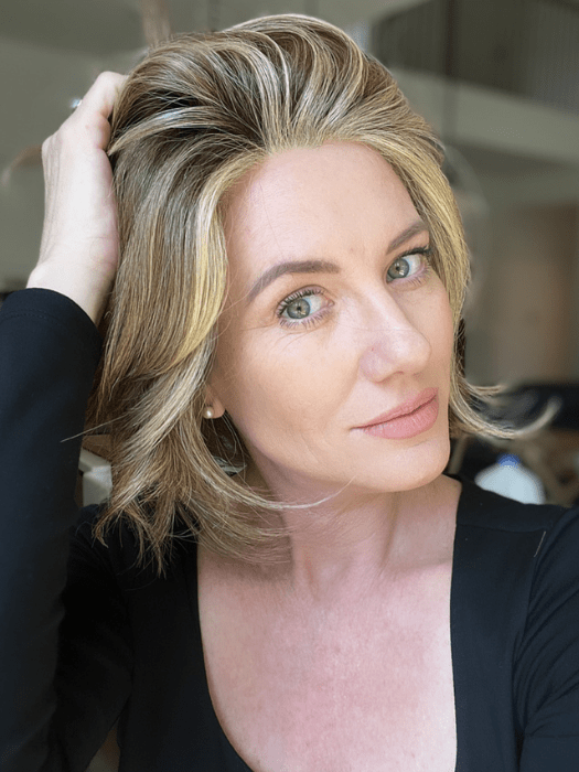 Jenny B. @thewiggygirl wearing TREND ALERT by GABOR in color GF11-25SS HONEY PECAN | Chestnut Brown base blends into multi-dimensional tones of Brown and Golden Blonde