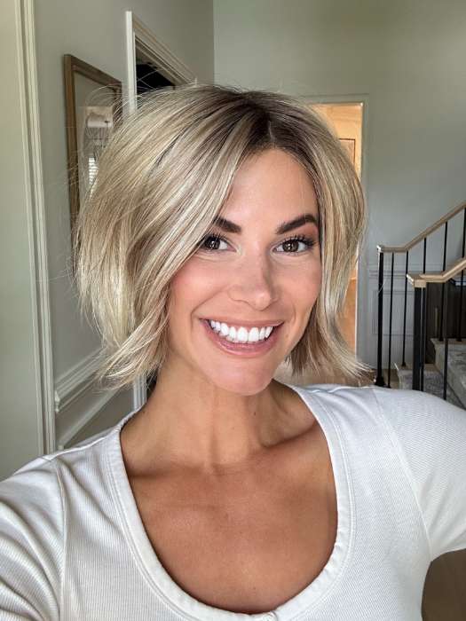 Katy C. @thewigeducator wearing KENNEDY by ESTETICA in color RH1488RT8 | Highlighted Copper Blonde with Golden Brown Roots