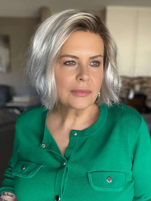 Donna @style.me.ageless wearing KENNEDY by ESTETICA in color SILVERSUN/RT8 | Iced Blonde with Soft Sand and Golden Brown Roots