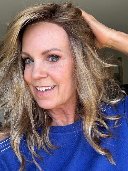 Susan Sparks @sparkles_intheworld wearing RACHEL by JON RENAU in color 14/26S10 SHADED PRALINES N' CREAM | Light Gold Blonde & Medium Red-Gold Blonde Blend, Shaded with Light Brown