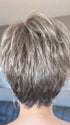 Donna @style.me.ageless wearing CHOPPED PIXIE by TRESSALLURE in color 52/38/49/R8 | 3 Tones of Grey blended with Dark Brown Roots