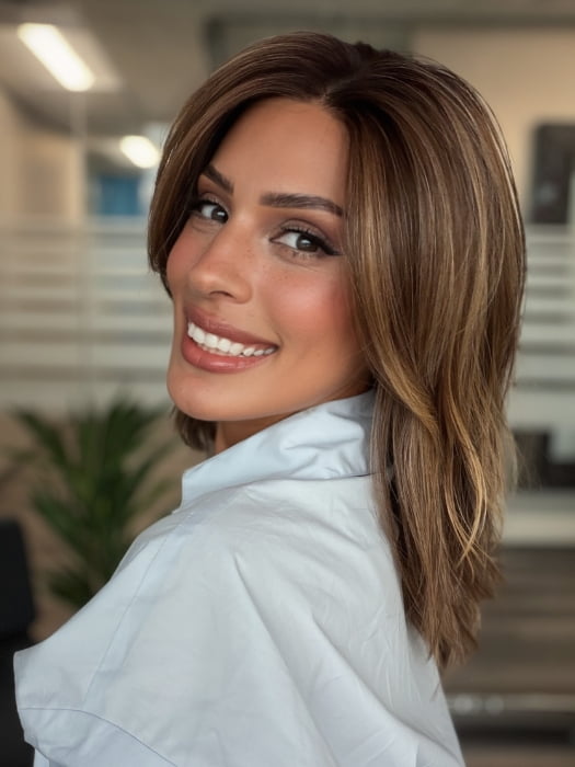 Roxie is wearing FENIX by ESTETICA in color CKISSRT4 | Golden Brown with Copper Blonde Highlights & Dark Brown Roots