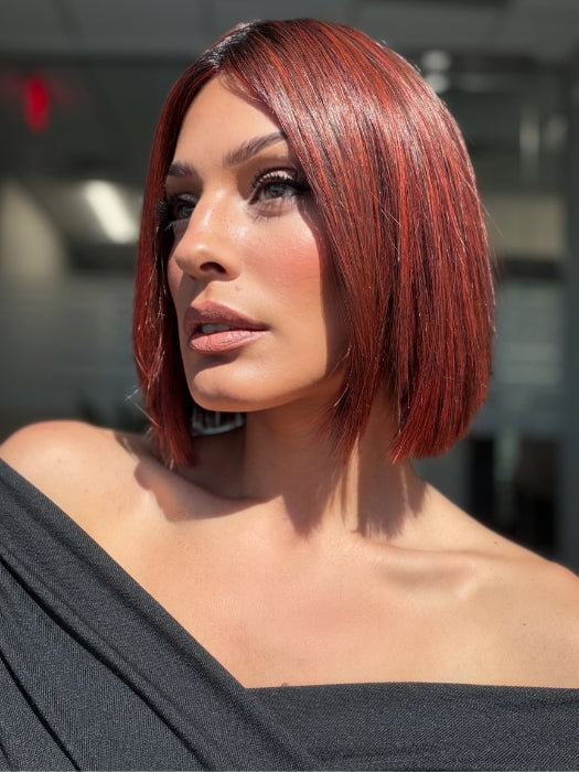 Roxie wearing CUTTING EDGE by GABOR in GF132SS SANGRIA | Intense Fiery Red with dark roots and blended highlights for dimension and depth