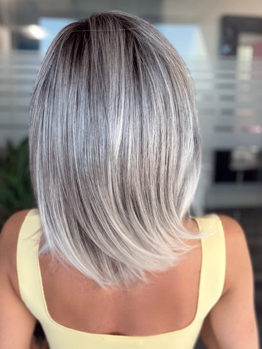 Roxie is wearing JUBILANT by GABOR in GL44-66SS SUGARED NICKEL | Deep charcoal base blends into multi-dimensional tones of medium grey with steely white highlights
