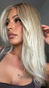 Roxie wearing BOX OFFICE BEAUTY by RAQUEL WELCH in SS19/23 SHADED BISCUIT | Cool Platinum Blonde with subtle highlights and Medium Brown roots