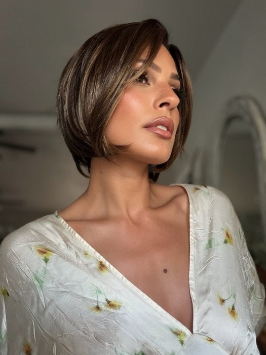 Roxie wearing MAGGIE by RENE OF PARIS in MARBLE BROWN R| Medium Brown Evenly Blended with Light Honey Brown