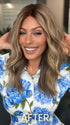 Roxie is wearing BARELY THERE WAVY 12" TOPPER by ENVY in color PROSECCO | BROWN ROOTS WITH GOLDISH BLONDE HIGHLIGHTS