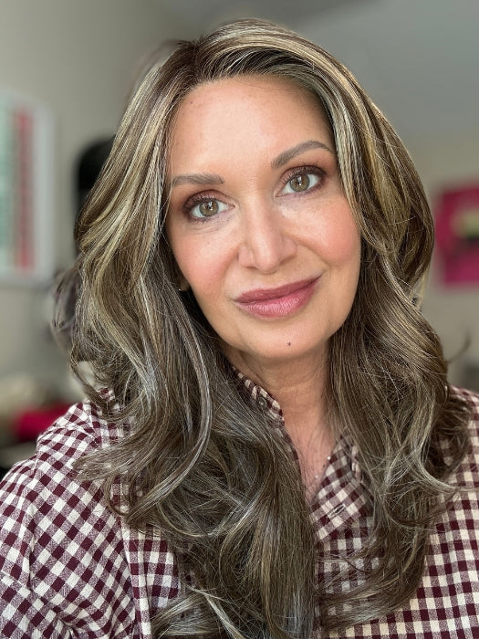 Emily H. weaing LILLY by BELLETRESS in CAPPUCINO LATTE R | A Deep Brunette with blonde and red highlights throughout 