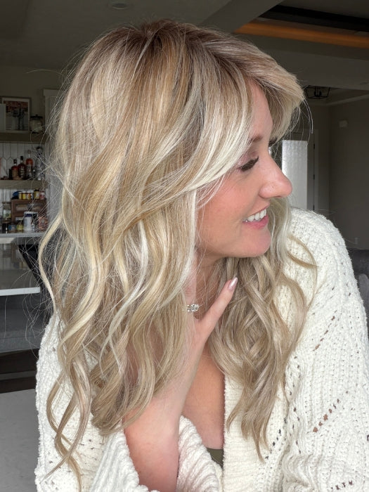 Carly wearing LIVERPOOL by BELLETRESS in MILKSHAKE BLONDE R | A mixture of Light Sandy Brown, Highlighted with Light Ash Blonde with a Hint of Light Platinum Blonde with a Medium Root Color