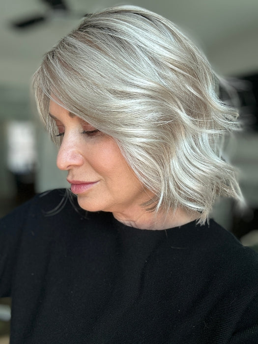 Emily H. wearing ESPRIT SMALL SOFT in PEARL BLONDE ROOTED | Pearl Platinum and Lightest Ash Blonde with Medium Ash Blonde Blend and Shaded Roots