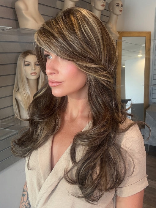 Madeline wearing LILLY by BELLETRESS in CHOCOLATE BUTTERCREAM R | Medium and Dark Brown Rooted with a Blend of Medium Brown and Dark Blonde