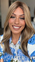 Roxie is wearing BARELY THERE STRAIGHT 12" TOPPER by ENVY in SPARKLING CHAMPAGNE | Medium Brown roots with overall Strawberry Blonde base and soft Golden Blonde highlights