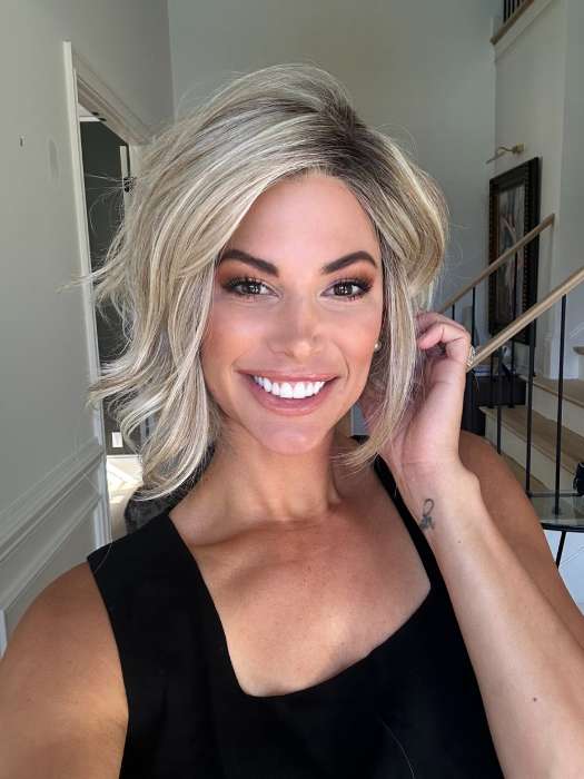 Katy C. @thewigeducator wearing TREND ALERT by GABOR in color GF19-23SS BISCUIT | Light Ash Blonde Evenly Blended with Cool Platinum Blonde with Dark Roots