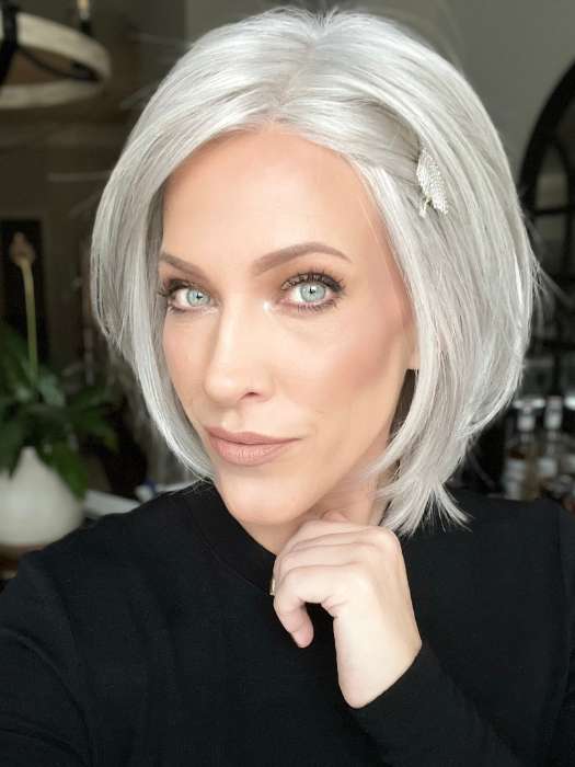 Kristyna Moore @kristynamoore wearing PLAY IT STRAIGHT by RAQUEL WELCH WIGS in color R56/60 SILVER MIST | Lightest Gray with 20% Medium Brown Evenly Blended with Pure White | styled