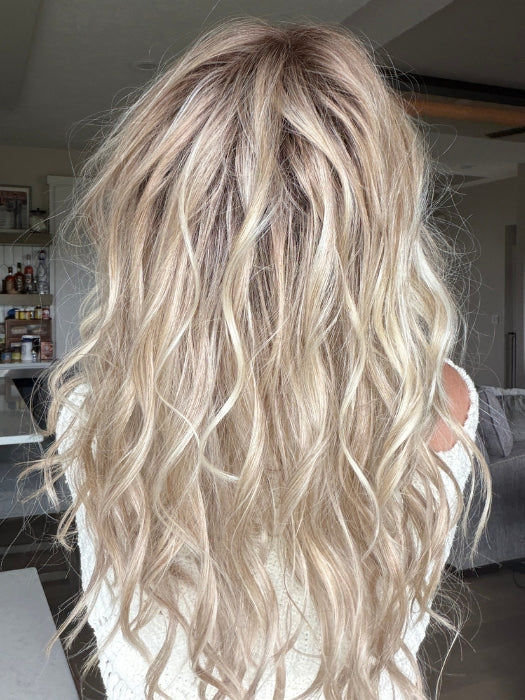 Carly wearing LIVERPOOL by BELLETRESS in MILKSHAKE BLONDE R | A mixture of Light Sandy Brown, Highlighted with Light Ash Blonde with a Hint of Light Platinum Blonde with a Medium Root Color