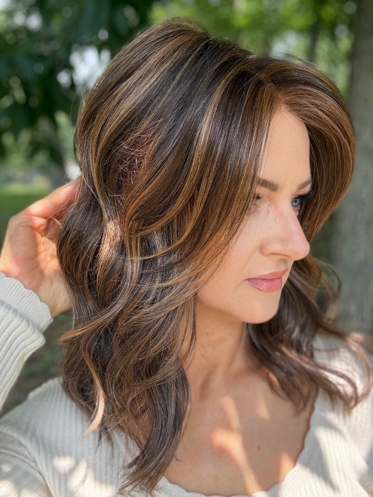 Sandy wearing OXFORD by BELLETRESS in MOCHA MAPLE BROWN | A mix of Dark Brown, Medium Brown, Light Auburn, Medium Strawberry