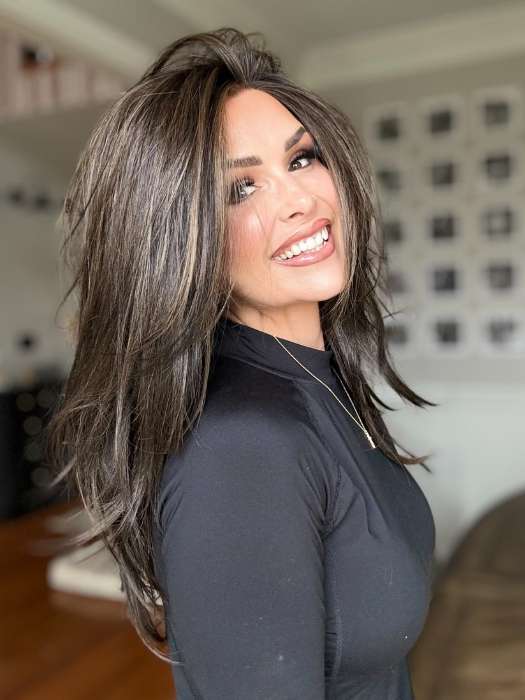 Crystal Honeycutt @crystallhoneycutt wears SCENE STEALER by RAQUEL WELCH in RL4/10SS ICED JAVA | Off Black shaded with Dark Brown