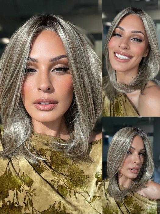 ROXIE wearing OWN THE ROOM LUXURY by GABOR in GF12-22SS CAPPUCCINO | Light Golden Brown Evenly Blended with Cool Platinum Blonde Highlights with Dark Roots