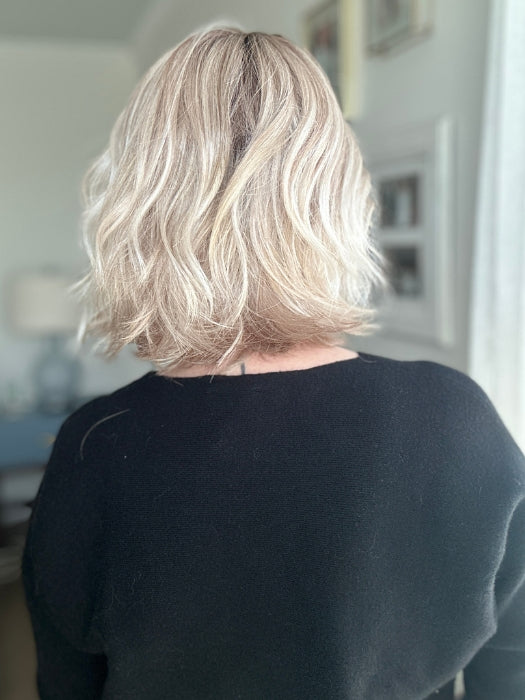 Emily H. wearing ESPRIT SMALL SOFT in PEARL BLONDE ROOTED | Pearl Platinum and Lightest Ash Blonde with Medium Ash Blonde Blend and Shaded Roots