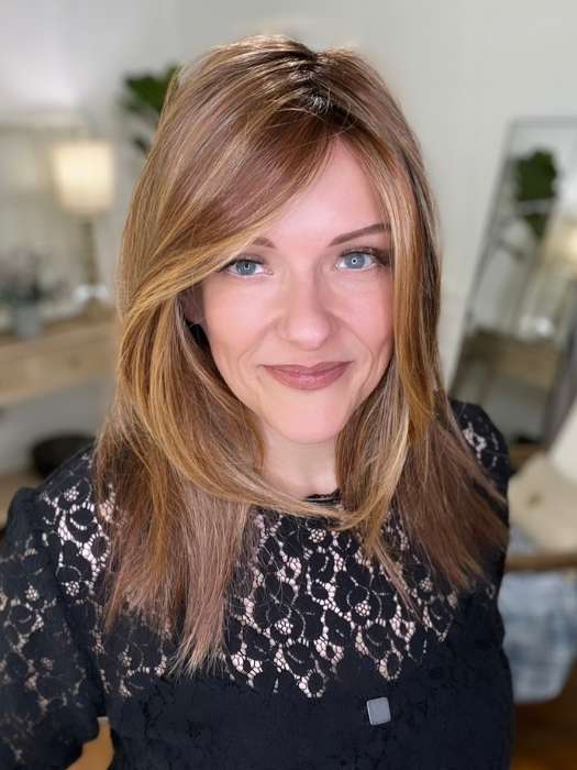 Marcie Mertz @wig.obsessed wearing PICTURE PERFECT by TRESSALLURE in color 33/32/R4 | Dark Auburn Blended with Dark Brown and Dark Roots