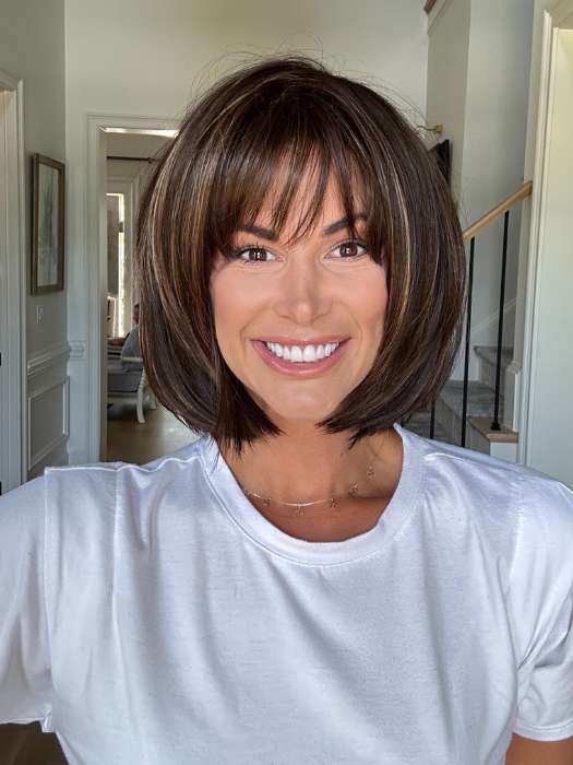 Katy C. @thewigeducator wearing ALVA by NORIKO in color COFFEE-LATTE | Dark Brown with Evenly Blended Honey Brown Highlights