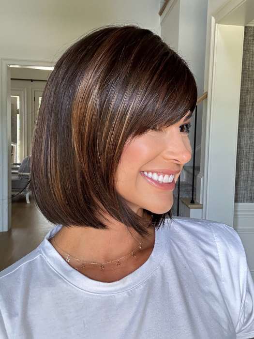 Katy C. @thewigeducator wearing ALVA by NORIKO in color COFFEE-LATTE | Dark Brown with Evenly Blended Honey Brown Highlights