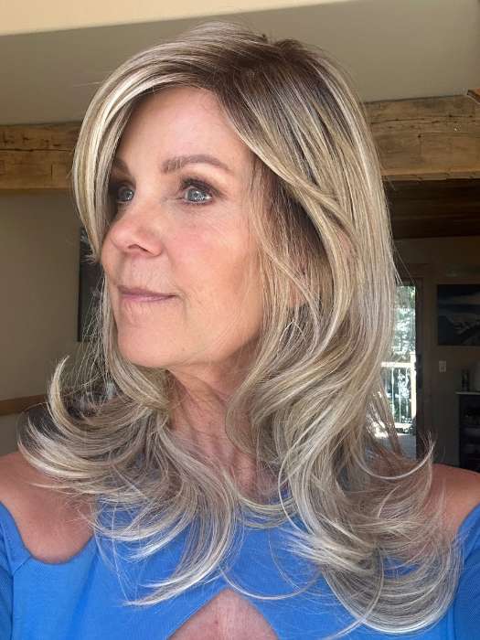 Susan @an_affair_with_hair wearing VOICE by ELLEN WILLE in color PEARL BLONDE ROOTED 101.20.25 | Pearl Platinum Blended with Light Strawberry Blonde and Lightest Golden Blonde with Shaded Roots