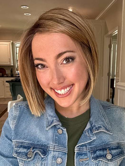 Jen Brown @being_mrs_brown wearing LIA II by ELLEN WILLE in color LIGHT BERNSTEIN ROOTED 12.26.27 | Lightest Brown, Light Golden Blonde and Dark Strawberry Blonde Blend with Dark Shaded Roots