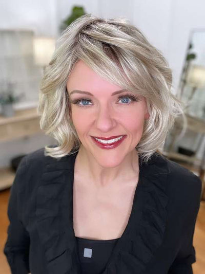 Marcie Mertz @wig.obsessed wearing MARSHA by ENVY BY ALAN EATON in color SILKY BEIGE | Light Platinum Blonde with Dark Brown Roots
