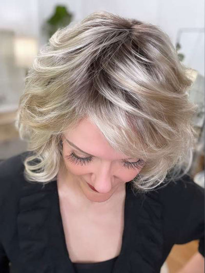 Marcie Mertz @wig.obsessed wearing MARSHA by ENVY BY ALAN EATON in color SILKY BEIGE | Light Platinum Blonde with Dark Brown Roots