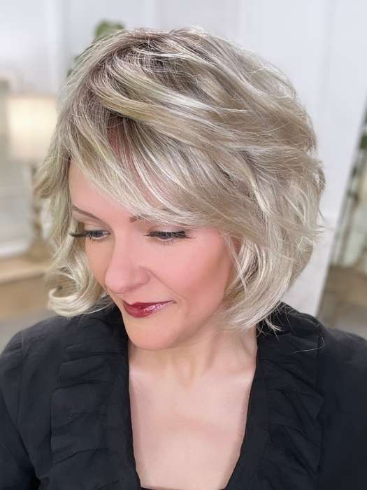 Marcie Mertz @wig.obsessed wearing MARSHA by ENVY BY ALAN EATON in color SILKY BEIGE | Light Platinum Blonde with Dark Brown Roots