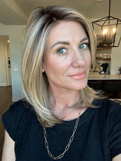 Jenny B. @thewiggygirl wearing GENOVA by BELLETRESS in color RAW SUGAR BLONDE | A Neutral Light Blonde, Honey Blonde, Pale Gold Blonde, with a base of Light Brown Low Lights featuring a Medium Root Color