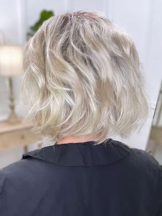 Marcie Mertz @wig.obsessed wearing MARSHA by ENVY BY ALAN EATON in color SILKY BEIGE | Light Platinum Blonde with Dark Brown Roots