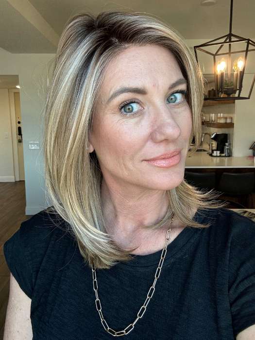 Jenny B. @thewiggygirl wearing GENOVA by BELLETRESS in color RAW SUGAR BLONDE | A Neutral Light Blonde, Honey Blonde, Pale Gold Blonde, with a base of Light Brown Low Lights featuring a Medium Root Color