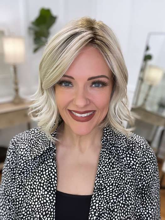 Marcie Mertz @wig.obsessed wearing NEWPORT by BELLETRESS in color CRUSHED ALMOND BLONDE R | A soft Neutral Light Blonde with a Light and Medium Blended Root Color.