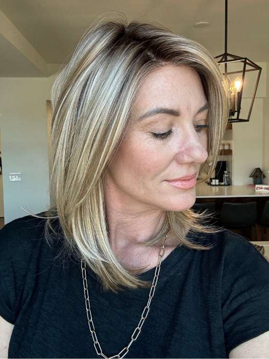 Jenny B. @thewiggygirl wearing GENOVA by BELLETRESS in color RAW SUGAR BLONDE | A Neutral Light Blonde, Honey Blonde, Pale Gold Blonde, with a base of Light Brown Low Lights featuring a Medium Root Color