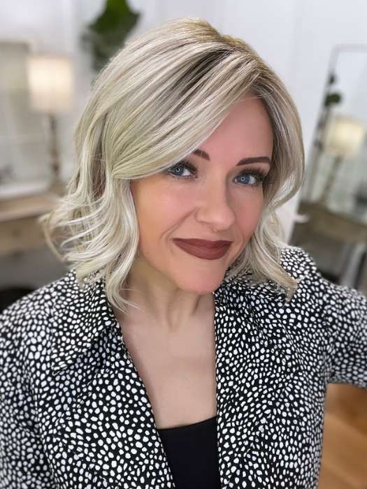 Marcie Mertz @wig.obsessed wearing NEWPORT by BELLETRESS in color CRUSHED ALMOND BLONDE R | A soft Neutral Light Blonde with a Light and Medium Blended Root Color.