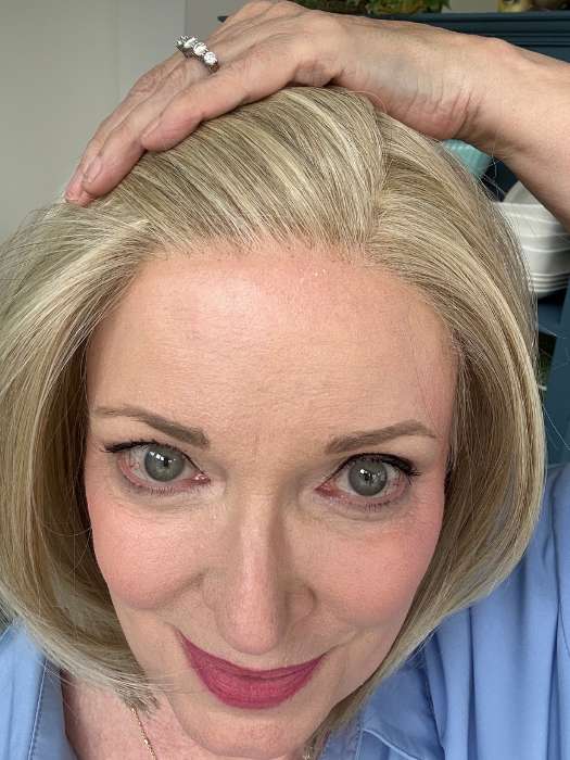 Mel B. @mels.be.ageless wearing MONTECITO by BELLETRESS in color CAKE BATTER BLONDE | Neutral Beige Color Blonde mixed with Medium and Dark Blonde, Highlighted with Ash Blonde