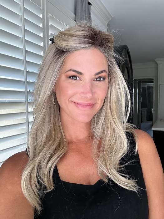 Katy C. @thewigeducator wears MILANO by BELLETRESS (styled) in color BEIGE LINEN BLONDE R | Neutral Beige Blonde mixed with Medium and Dark Blonde, Highlighted using Ash Blonde with Medium Brown Root color