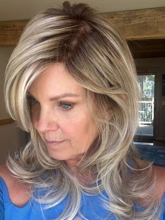 Susan @an_affair_with_hair wearing VOICE by ELLEN WILLE in color PEARL BLONDE ROOTED 101.20.25 | Pearl Platinum Blended with Light Strawberry Blonde and Lightest Golden Blonde with Shaded Roots